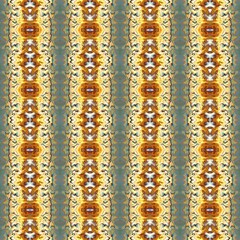 fabric or wallpaper pattern with symmetrical designs and intricate details, such as diamonds, floral patterns, and geometric shapes