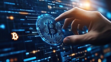 A hand reaching for a digital Bitcoin symbol amidst a futuristic data backdrop.
