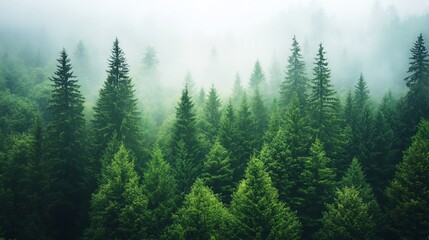Misty forest canopy. Lush green trees in a dense forest.