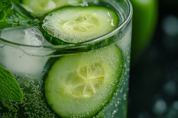 A glass of green cucumber juice with a slice of cucumber in it. The cucumber slice is floating in the drink, giving it a refreshing and healthy appearance