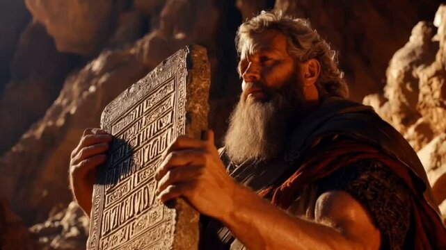 Moses standing on a rocky mountain peak, holding the stone tablets of the Ten Commandments high above his head, with a radiant glow of divine light illuminating the scene.