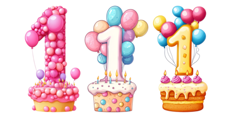 Pack Minimalist Cartoon Style Alphabet Number "8" Made of Candle on Cake with Balloons Clipart Icon Isolated Against a Transparent Background for Birthday, Celebration, or Event Design set