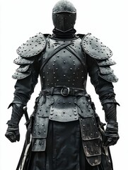 Fototapeta premium Dark armored figure, medieval style, holding sword.