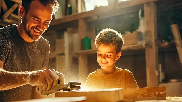 A father and his young son happily engage in woodworking in a sunlit workshop, illuminating a bonding session. Their focused expressions and casual outfits add warmth and realism to the scene,