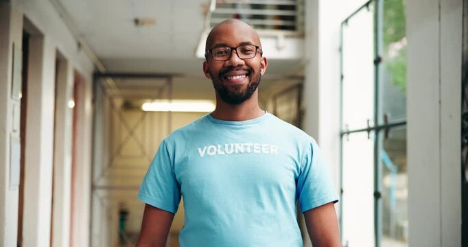 Face, volunteering and black man with community service, outdoor and support for recycling. Portrait, African person and guy with tshirt, earth day and humanitarian project with clean environment