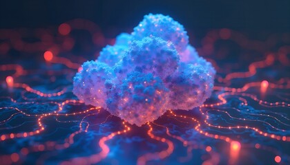 Colorful abstract cloud formation illuminated by vibrant red and blue lights with a digital landscape in the background