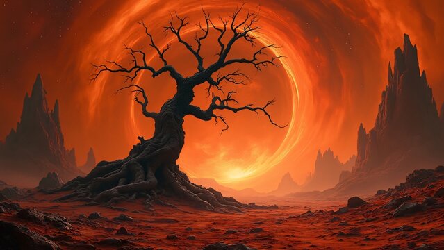 Desolate Red Planet Landscape, Twisted Tree Silhouette Against Fiery Vortex and Crimson Terrain