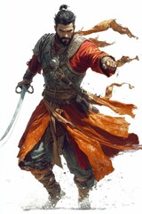 Obraz premium Warrior, flowing robes, sword, determined stance, dynamic pose.