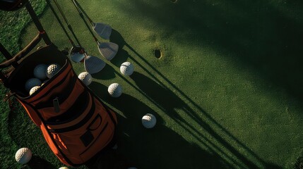 Closeup old golf bags on green.