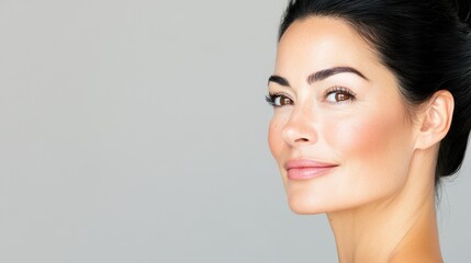 Naklejka premium A stylish woman with sleek dark hair in a formal bun, glowing skin, and dramatic makeup against a white background, exuding confidence.