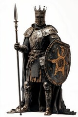 Fototapeta premium Crowned knight, armored, spear, shield, cape.