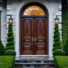 A grand front door with double wooden panels, each with intricate carvings and a rich dark walnut finish. Above the door, a large arched window lets in natural light.