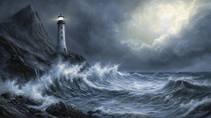 Lighthouse Standing Strong Amidst Raging Waves Under a Stormy Sky