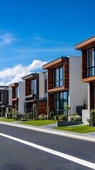 A row of modern New Zealand townhouses on the side of an empty road, with a white and grey asphalt surface
