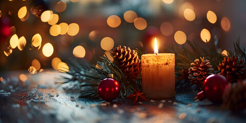 Holiday Candle Arrangement with Pine Cones and Baubles