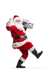 Santa claus dancing and holding a boombox