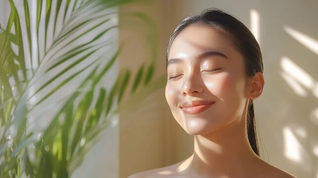 Content woman in sunlight with plant shadows nearby