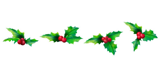 Holly leaf winter set. Watercolor illustration of festine greenery clip art with vibrant green leaves and red berries. Ideal for Christmas wrapping paper, invitations, or digital banners.
