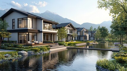 Obraz premium Luxury Lakeside Homes nestled in Mountain Scenery