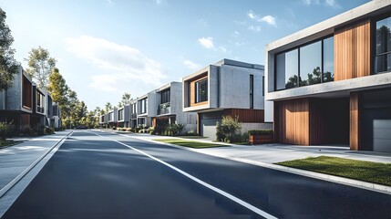 Obraz premium A row of modern New Zealand townhouses on the side of an empty road, with a white and grey asphalt surface