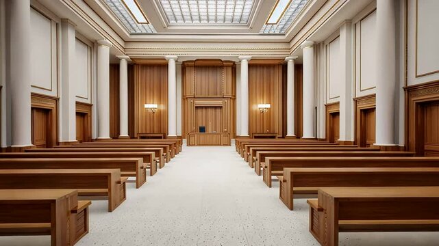 Empty wooden courtroom with vaulted ceiling, symbolizing justice and law, relevant for Law Day