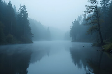 Fototapeta premium A serene, misty lake surrounded by dense forest at dawn, creating a mysterious and tranquil atmosphere with soft light and reflections on the water