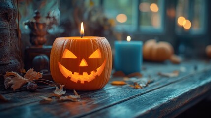 Obraz premium Lit jack-o'-lantern with candles on wooden surface.