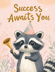 Charming New Year Illustrations with playful raccoon holding a party horn and wearing a party hat: Wallpapers, T-shirts, Posters & Decor