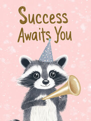 Charming New Year Illustrations with playful raccoon holding a party horn and wearing a party hat: Wallpapers, T-shirts, Posters & Decor