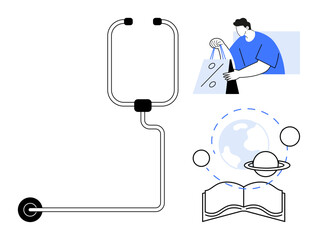 Stethoscope connected to innovative system, person carrying shopping bags, open book with planetary icons. Ideal for healthcare, technology, retail, education, e-commerce, learning futuristic