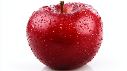 Fresh Red Apple Glistening With Water Droplets on a White Background Showcasing Its Vibrant Color and Texture