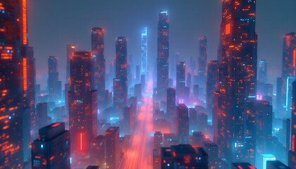 Futuristic cityscape at night with glowing neon lights and tall skyscrapers in a vibrant urban environment