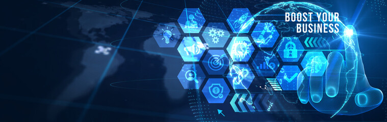 Business, Technology, Internet and network concept. Young businessman shows the word: Boost your business. 3d illustration