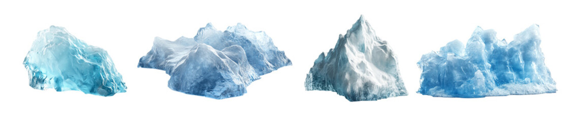 Obraz premium Pack Jagged Piece of Ice with a Cool Blue Hue Against a Transparent Background for Nature Photography, Ice Design, or Winter Concept set