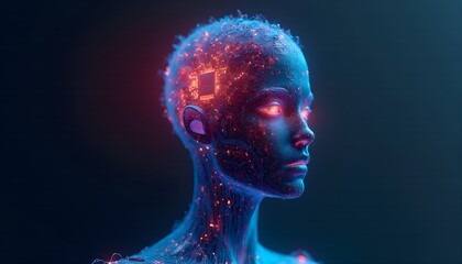 Futuristic humanoid figure with intricate circuitry and glowing elements in digital art representation
