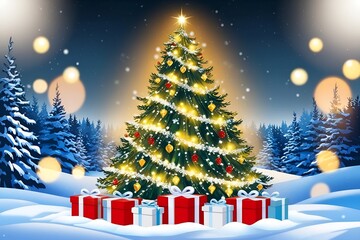Obraz premium Christmas tree with present boxes in a winter landscape with snow