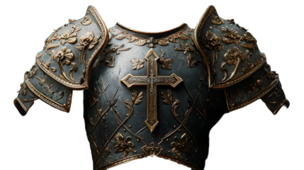 The Holy Knight: Armor of Christ. Medieval armor with ornate decorations, cross and floral motifs on black background.
