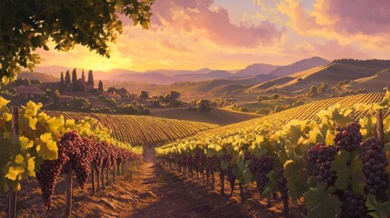 Naklejka premium Vibrant Sunset Over Serene Vineyard Landscape with Rolling Hills and Lush Grapevines