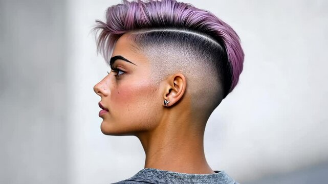 A young woman with a trendy undercut hairstyle and pastel hair, symbolizing modern fashion and individuality, suitable for Pride celebrations and alternative style concepts