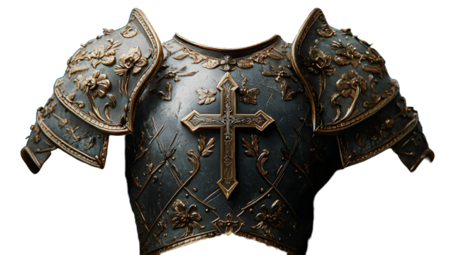 The Holy Knight: Armor of Christ. Medieval armor with ornate decorations, cross and floral motifs on black background.