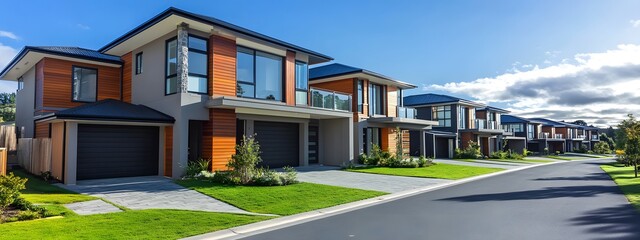 A row of modern New Zealand townhouses on the side of an empty road, with a white and grey asphalt surface