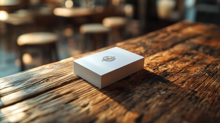 Stack of blank business cards on rustic wooden table.