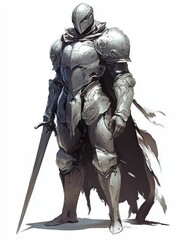 Obraz premium Grey armored figure, sword, cape, standing.