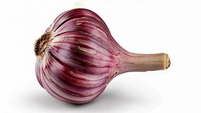 Close-up of a fresh purple garlic bulb on white background, ideal for culinary and health concepts