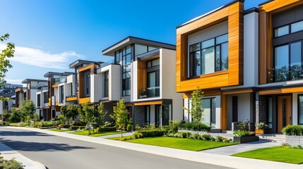 A row of modern New Zealand townhouses on the side of an empty road, with a white and grey asphalt surface