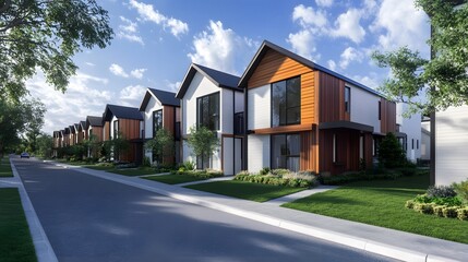 A row of modern New Zealand townhouses on the side of an empty road, with a white and grey asphalt surface