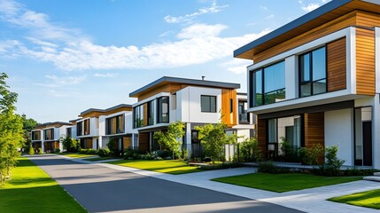 A row of modern New Zealand townhouses on the side of an empty road, with a white and grey asphalt surface