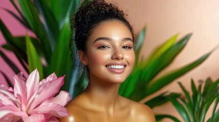 Fototapeta premium Radiant woman with floral elements and green backdrop