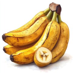 A bunch of ripe bananas with one cut in half, showcasing its yellow skin and soft interior.