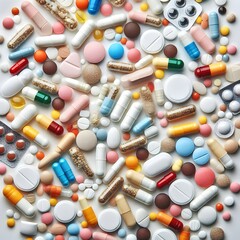Pills, tablets and capsules background. 
Concept of healthcare and medicine.